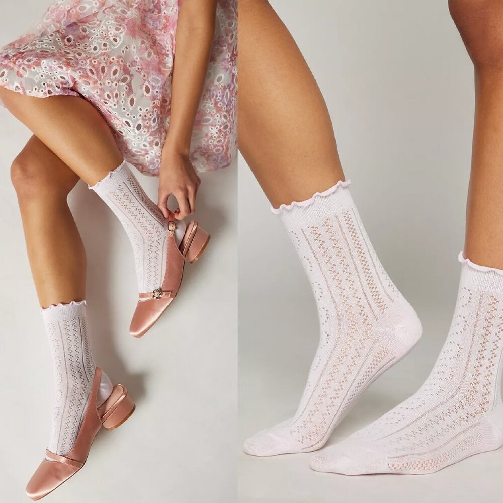 Brand New Lettuce-Edge Pointelle Crew Sock in White